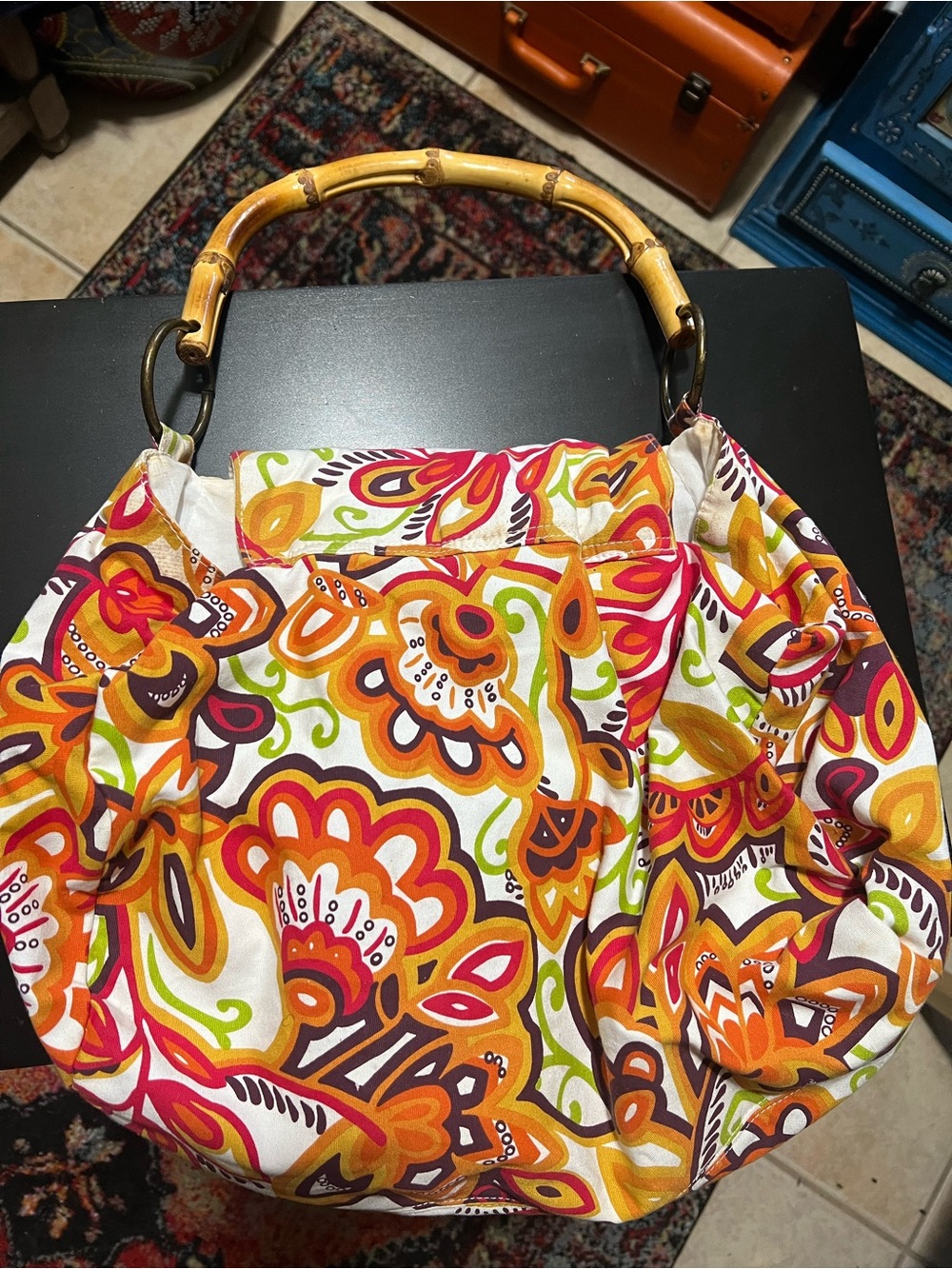 Floral Bamboo-Handle Women’s Tote Bag in Multicolor